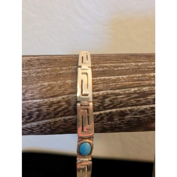 925 Sterling Silver Turquoise Graduated Greek Key Bracelet - Picture 7 of 10